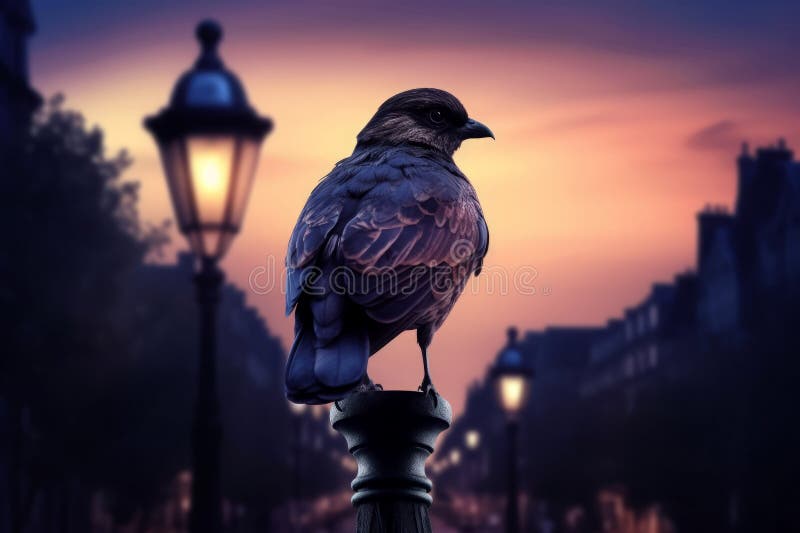 Pasăre urbană nocturnă maiestuoasă pe stradă iluminată. generare AI royalty free stock images