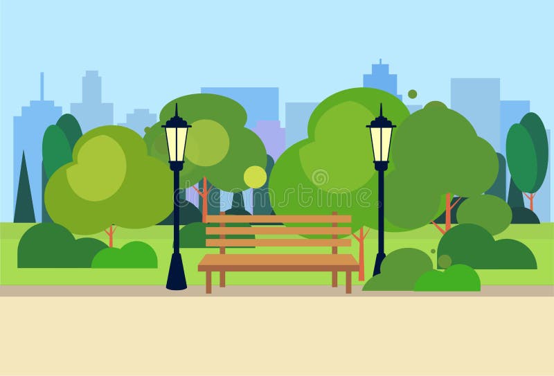 Urban Park Wooden Bench Street Lamp Green Lawn Trees on City Buildings ...
