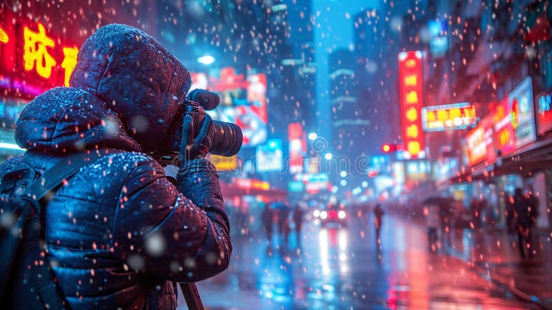 Urban Photographer Capturing Snowy Cityscape at Night by Generative A. I. This dynamic image portrays a photographer clad in a winter jacket, focused on capturing the essence of a snowy, neon-lit cityscape at night. The falling snowflakes add a magical touch to the bustling urban atmosphere illuminated by vibrant signage