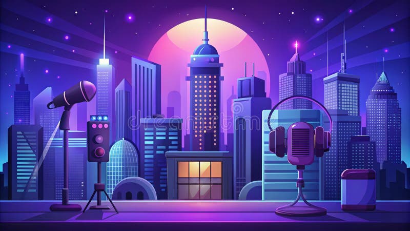 Urban Podcast Recording Studio Un'illustrazione piatta di un paesaggio urbano notturno si immersa nell'atmosfera creativa di illustrazione vettoriale
