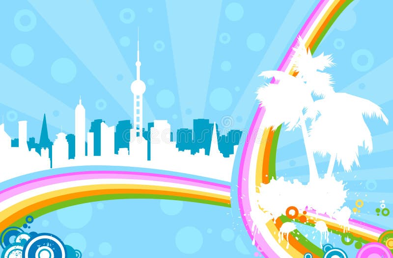 Summer dream; abstract urban landscape with rainbow. Summer dream; abstract urban landscape with rainbow