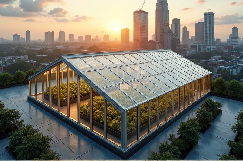 Urban rooftop greenhouse at sunset overlooking city skyline royalty free stock photo