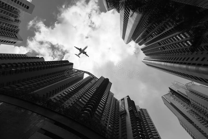 Urban skyline with passenger plane royalty free stock photo Urban skyline with passenger plane royalty free stock photo