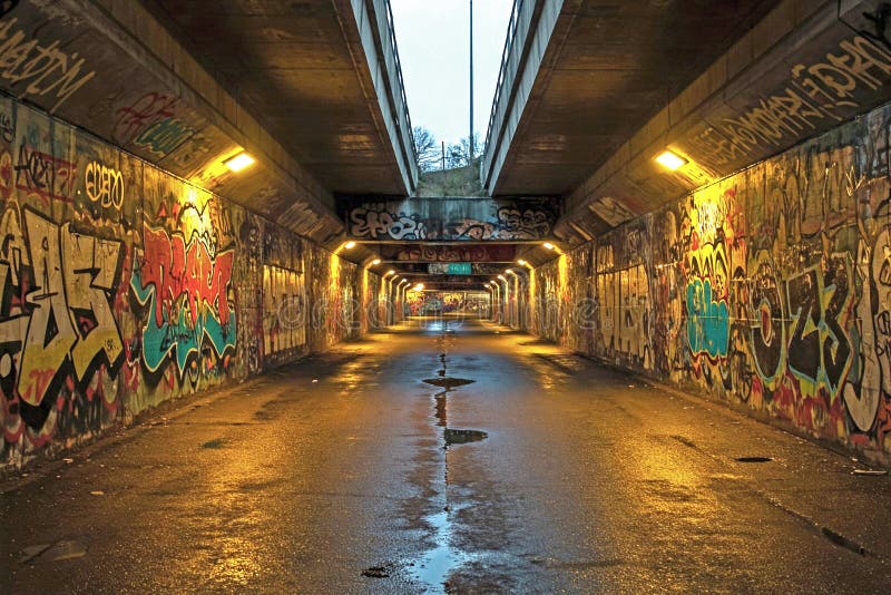 Urban Underpass mit Graffiti AI Generiert. Eine reizvolle Stadtunterführung unter einer Autobahn mit graffitigebedeckten Mauern und verstreuten Pfützen, die die Straßenlaternen widerspiegeln