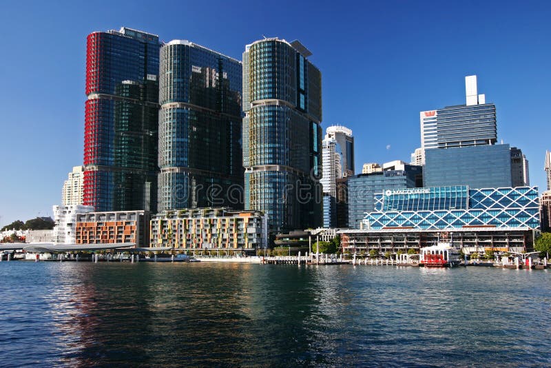 Urban waterfront with iconic skyline in Barangaroo, Sydney, Australia. Cityscape with glass skyscrapers of International Towers