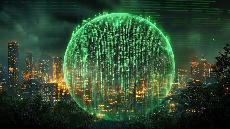 Urbane Landschaft, beleuchtet durch eine digitale grüne Kugel mit nachts kaskadierenden Datenströmen stock abbildung