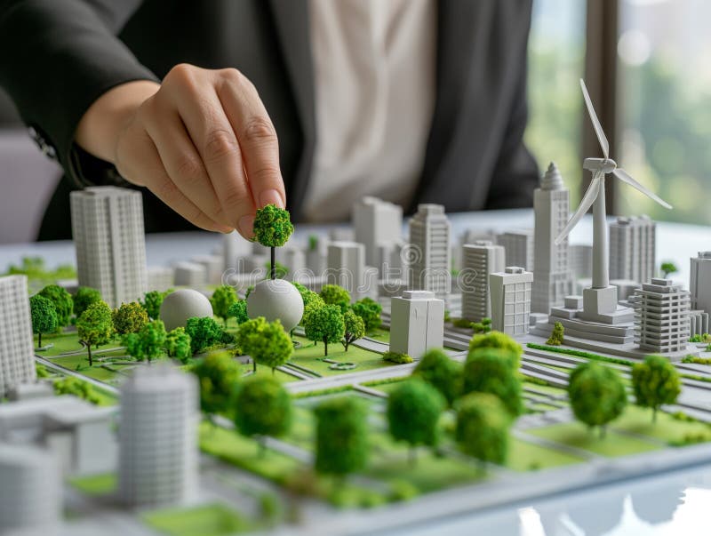 Urbanista organizuje miasto modelowe z zielonymi przestrzeniami ilustracja wektor