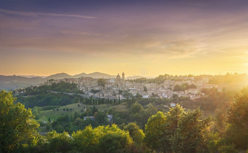 Urbino city and contryside landscape at sunset. Marche region, Italy