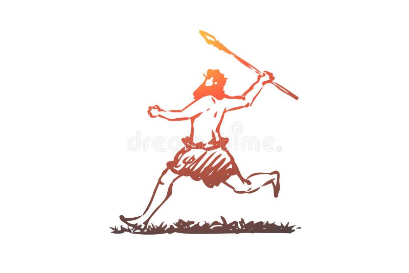 Urinnevånare man, spjut, grottmänniska, jägarebegrepp Hand dragen isolerad vektor royaltyfri illustrationer