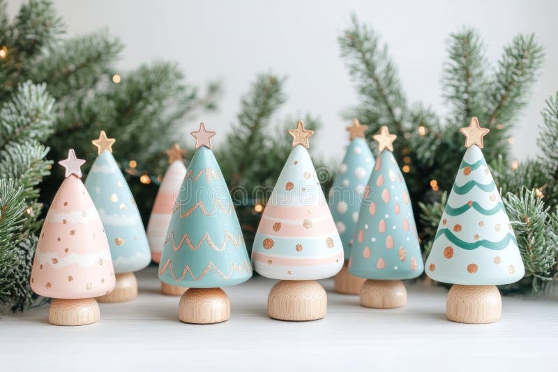 Urlaubskraft Projekt ein süßes, hölzernes, göttliches Weihnachtsbaum-Clipart mit Doodle-Ornamenten in Pastellfarben Baby blue blus stockfotos