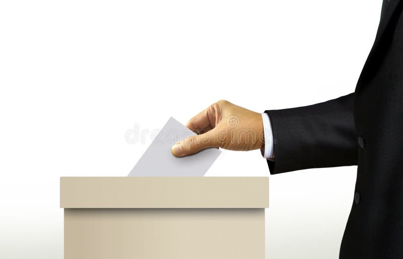 Urne avec la personne dans la main de costume émettant un vote image libre de droits Urne avec la personne dans la main de costume émettant un vote image libre de droits
