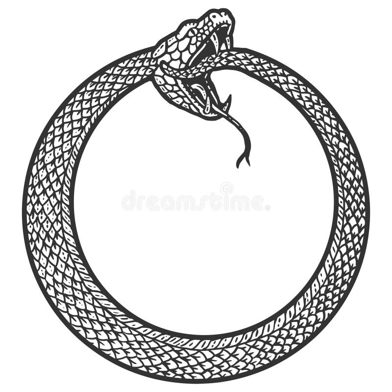 Uroboros, snake coiled in a ring, biting its tail. Scratch board imitation. Black and white hand drawn image. Engraving vector