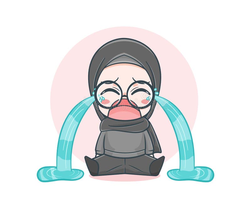 Cute muslim girl wearing sweater with crying expression cartoon illustration character. Cute muslim girl wearing sweater with crying expression cartoon illustration character