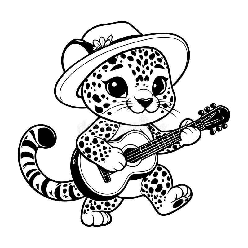 Urocza lampart grający na gitarze wektorowej ilustracja konturu grafiki ilustracja wektor