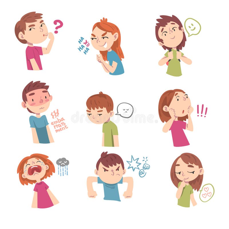 Urocze dzieci z różnymi wyrazami twarzy ustawiają chłopców i dziewczęta z pozytywnym i negatywnym stylem rysowania emocji