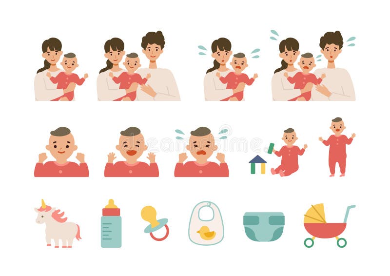 Cute baby and parents in various poses. Standing, sitting, crying and playing. Isolated vector illustration in flat style. Cute baby and parents in various poses. Standing, sitting, crying and playing. Isolated vector illustration in flat style