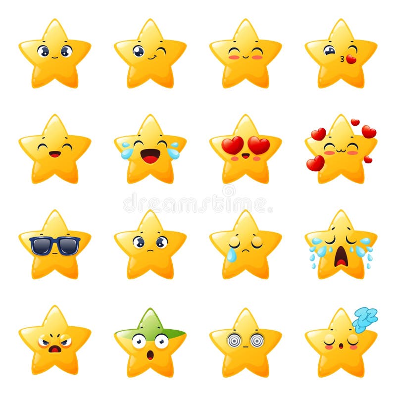 Urocze gwiazdy uśmiechu. kawaii śmieszne emoji dzieciaki maskotki z różnymi emocjami smutne śmieszne twarze złote kreskówki żółte ilustracji