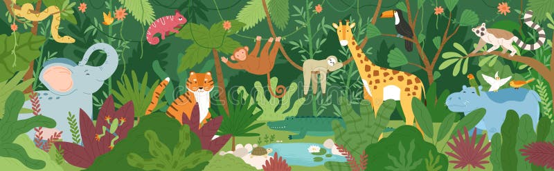 Uroczy egzotyczni zwierzęta w tropikalnym lesie pełno lub tropikalnym lesie deszczowym drzewka palmowe i liany Flora i fauny zwro