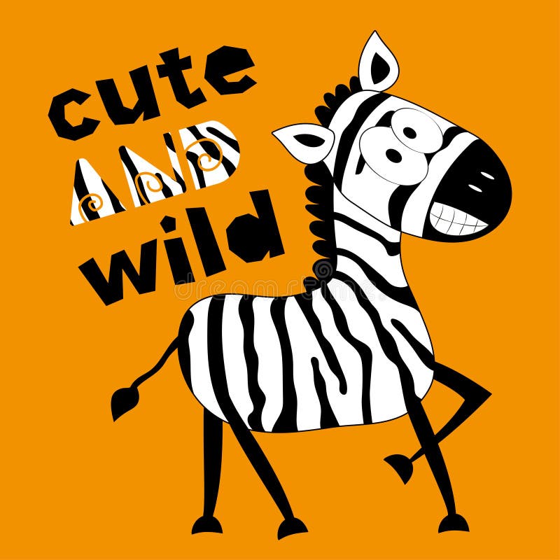 Uroczy i dziki slogan zabawny z smiley zebra odizolowany na tle pomarańczowego koloru royalty ilustracja