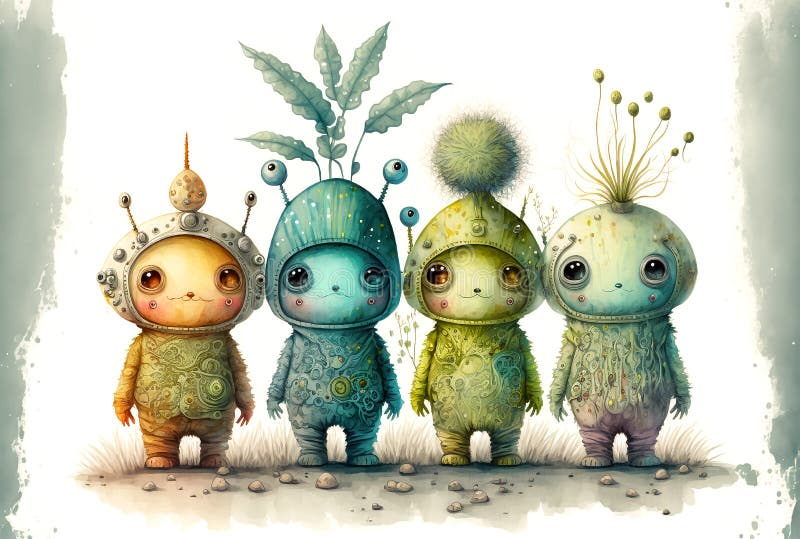 Uroczy kosmici w kostiumie kosmicznym. urocze dzieci obce. ilustracja fantasy watercolor ilustracji
