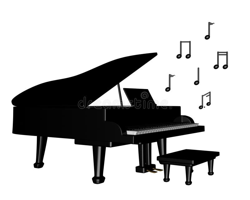 Digital render of a black grand piano with floating musical notes. Digital render of a black grand piano with floating musical notes