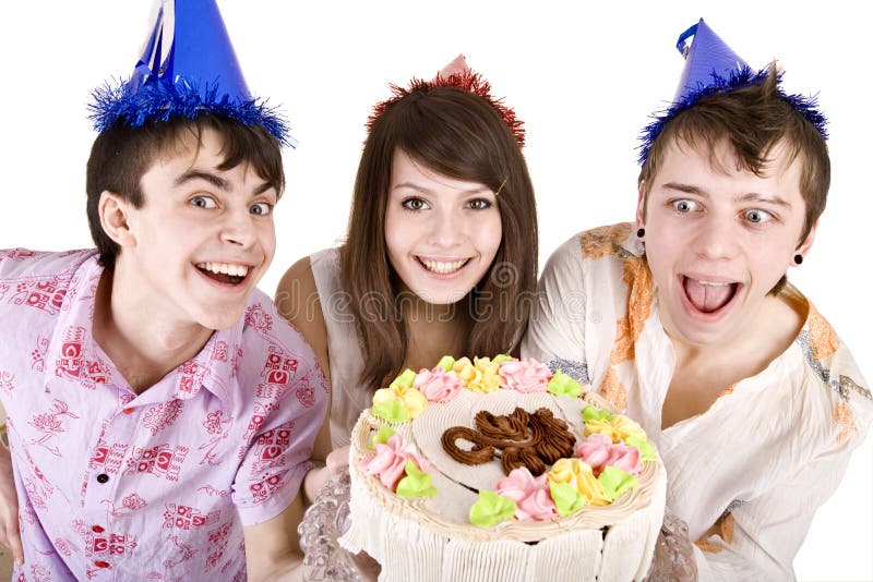 Group of teenagers with cake celebrate happy birthday. Isolated. Group of teenagers with cake celebrate happy birthday. Isolated.