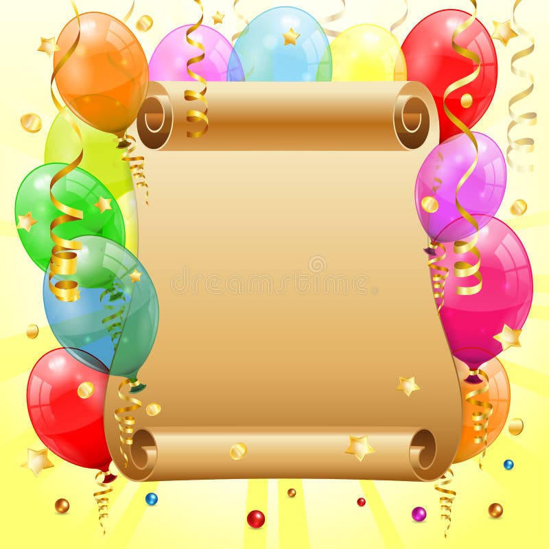 Birthday Frame with 3D Transparent Birthday Balloons, Scroll Paper, Confetti and Streamer, vector. Birthday Frame with 3D Transparent Birthday Balloons, Scroll Paper, Confetti and Streamer, vector