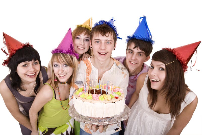 Group of teenagers celebrate happy birthday. Isolated. Group of teenagers celebrate happy birthday. Isolated.