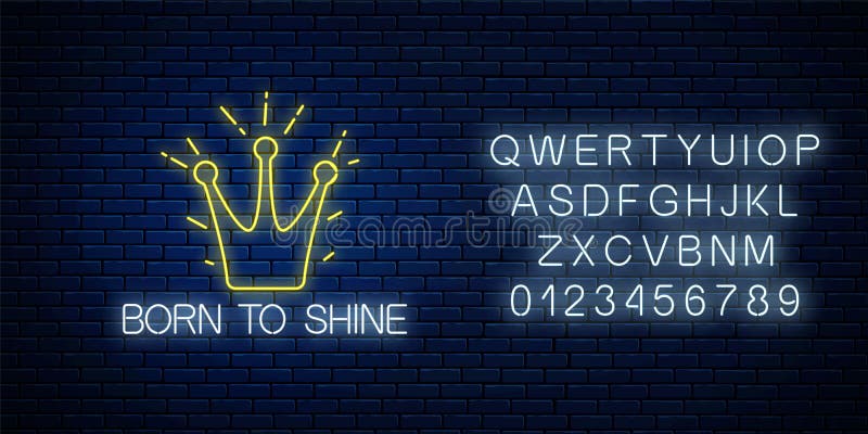 Urodzony, aby poświecić neon znak z błyszczącą koroną i alfabetem. cytat motywacyjny w stylu neon. inspirująca karta cytatu royalty ilustracja