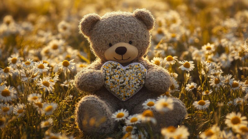 Urs de pluș adorabil cu Daisy Inima într-un câmp de flori stock illustration