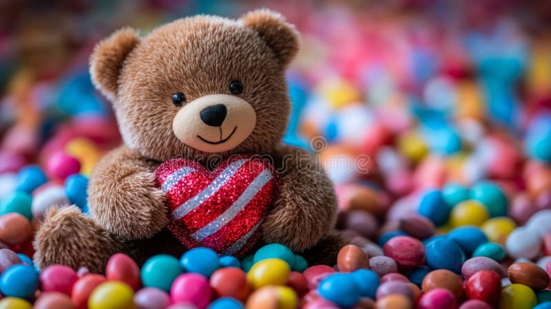 Urs de pluș adorabil cu inimă în mijlocul bomboanelor colorate vector illustration