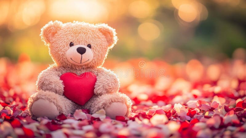 Urs de pluș adorabil cu inimă în mijlocul petalelor de trandafir stock illustration