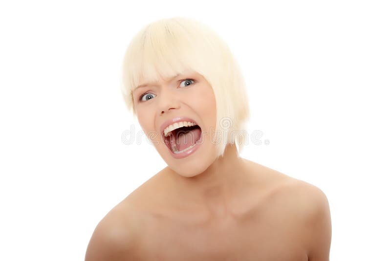 Portrait of gorgeous blonde female screaming isolated on white. Portrait of gorgeous blonde female screaming isolated on white