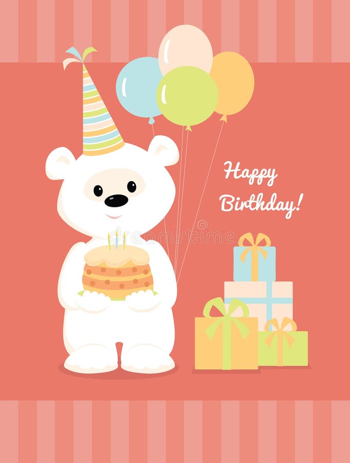 Urso de peluche branco com bolo, balões e presentes ilustração royalty free Urso de peluche branco com bolo, balões e presentes ilustração royalty free