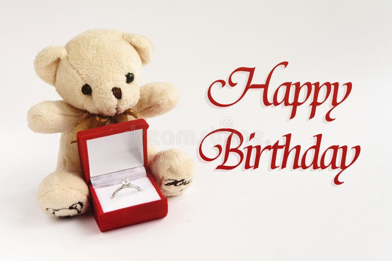 Urso luxuoso à moda do anel e de peluche, texto do feliz aniversario, greeti fotografia de stock Urso luxuoso à moda do anel e de peluche, texto do feliz aniversario, greeti fotografia de stock