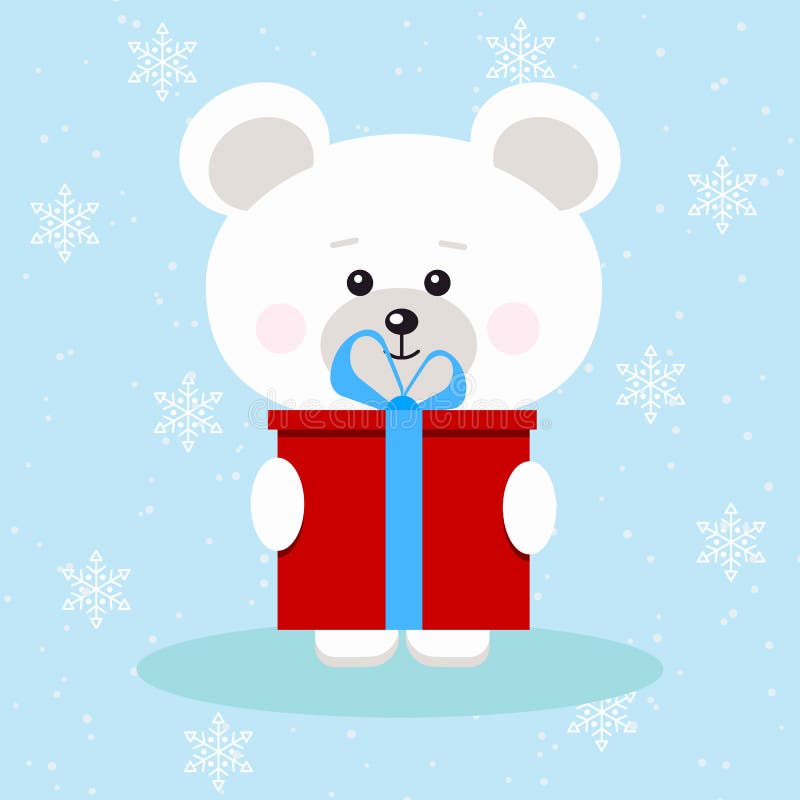Urso polar isolado do Natal bonito com o presente vermelho com curva azul no fundo da neve ilustração stock Urso polar isolado do Natal bonito com o presente vermelho com curva azul no fundo da neve ilustração stock