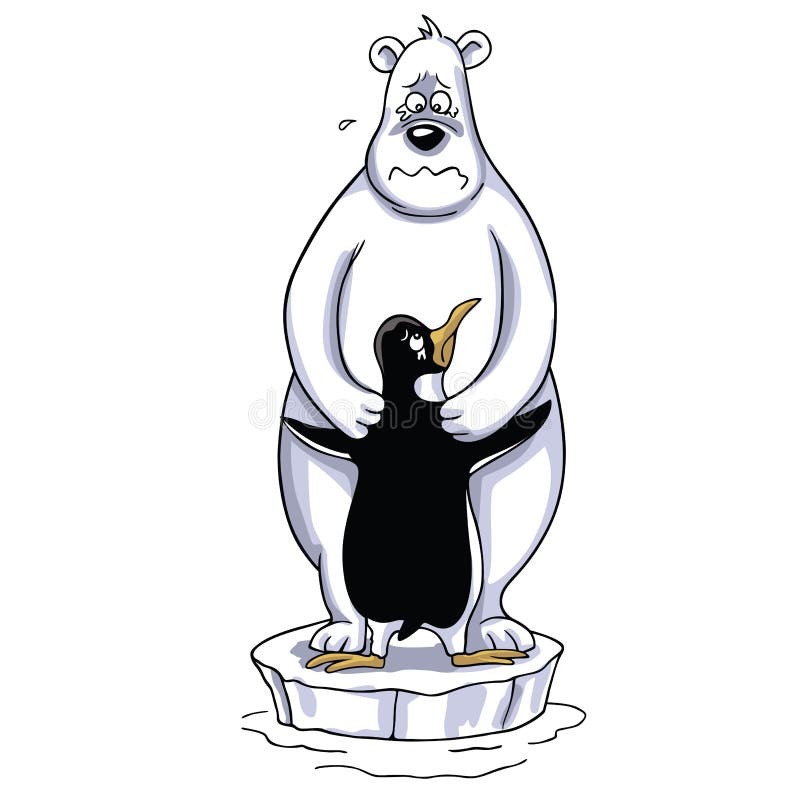 Urso polar que abraça desenhos animados do pinguim, cena polar triste ilustração royalty free Urso polar que abraça desenhos animados do pinguim, cena polar triste ilustração royalty free