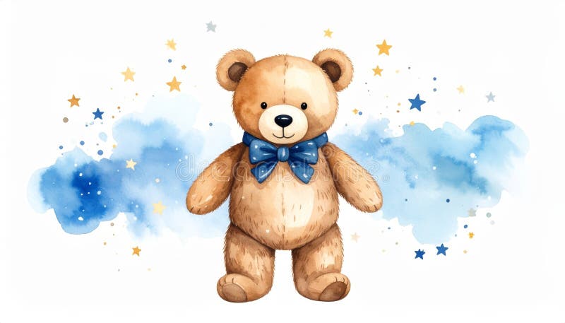 Ursuleț de pluș adorabil cu un papion albastru elegant, simbol atemporal de confort și bucurie vector illustration