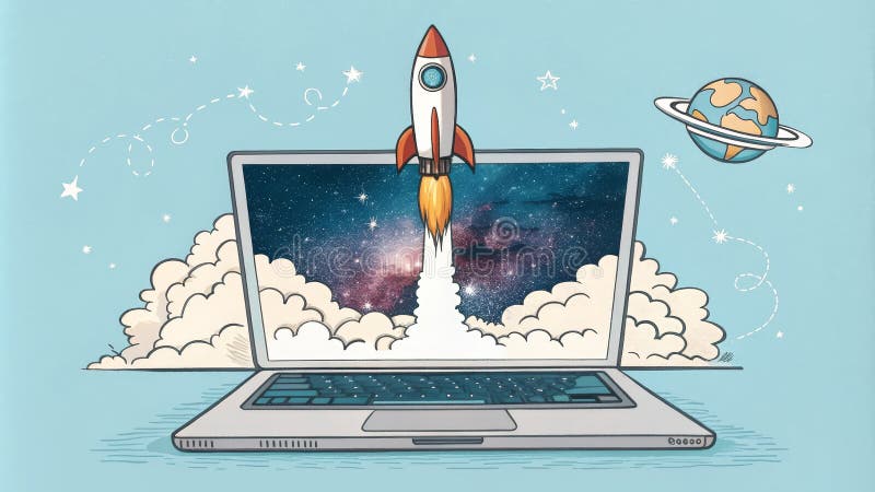 Uruchamianie aplikacji Laptop Rocket Space Cyfrowy start ilustracji