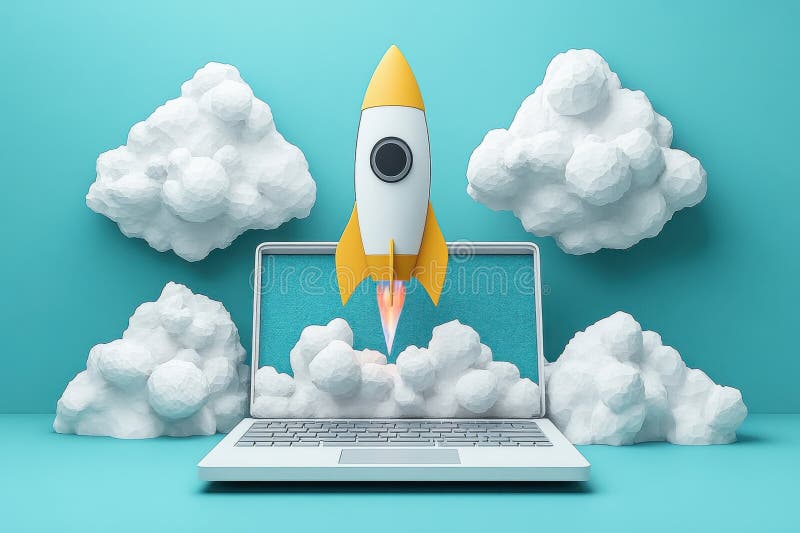 Uruchamianie notebooka Rcket Startup Sukces Koncepcja Ilustracja Cyfrowej Technologii Biznesowej Innowacja royalty ilustracja
