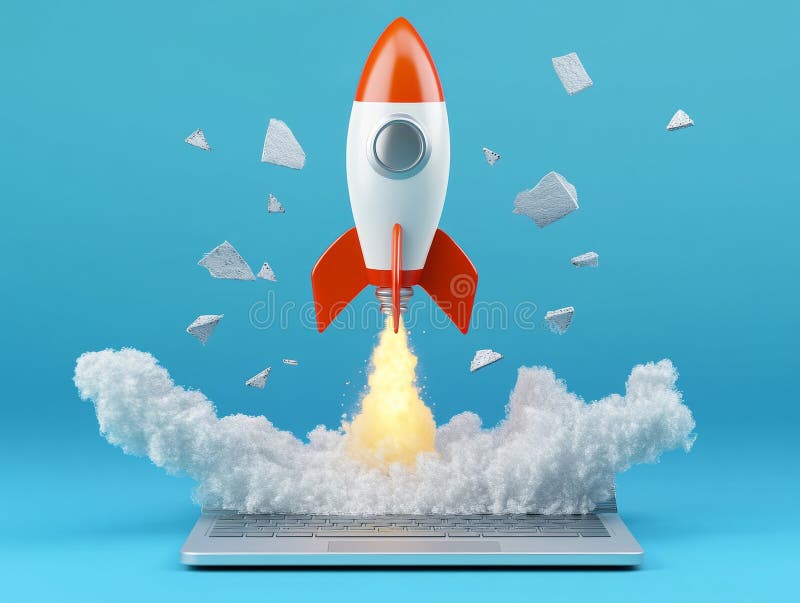 Uruchomienie notebooka 3D Render Startup Concept Digital Success Innovation Startup Innovation royalty ilustracja