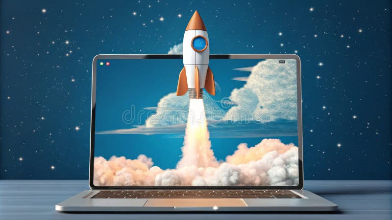 Uruchomienie notebooka Rocket 3D Render Space Concept Digital Startup Cloud Background Digital Marketing Business Wprowadzenie ilustracja wektor