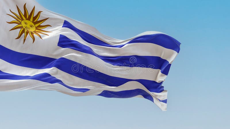 Uruguay National Flag Fluttering in the Wind on a Sunny Day Stock