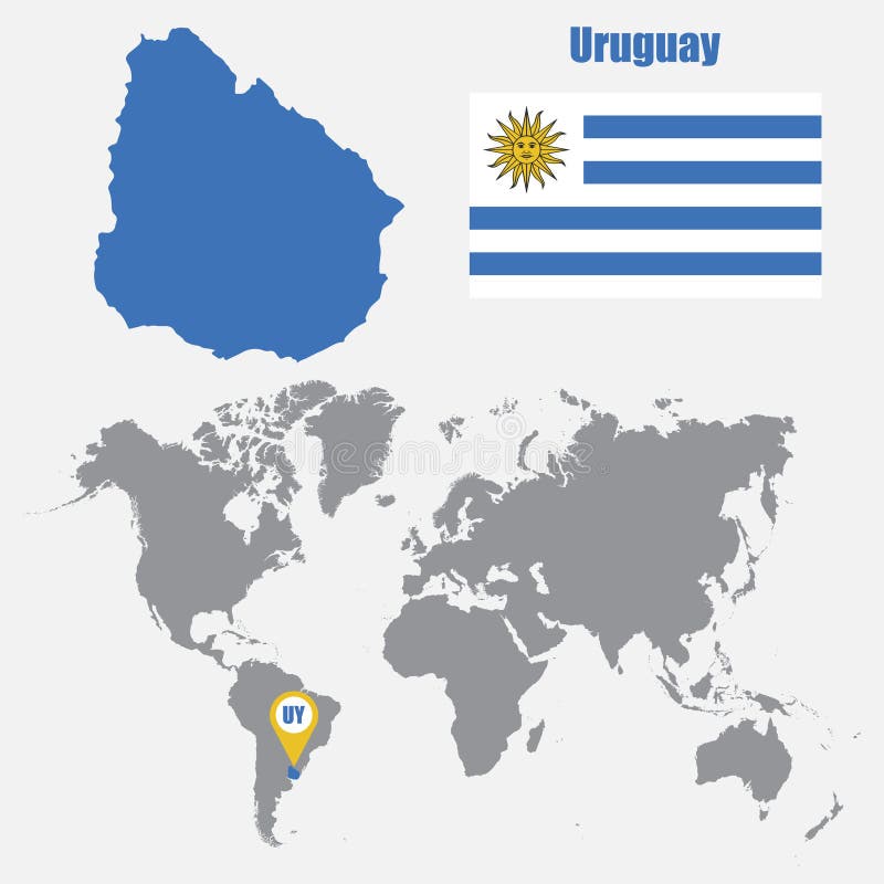 Uruguay översikt på en världskarta med flagga- och översiktspekaren också vektor för coreldrawillustration stock illustrationer Uruguay översikt på en världskarta med flagga- och översiktspekaren också vektor för coreldrawillustration stock illustrationer