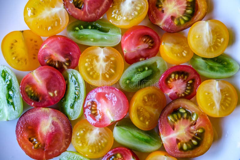 Urval av små, färglösa, skivade, rå sommartomater royaltyfri fotografi