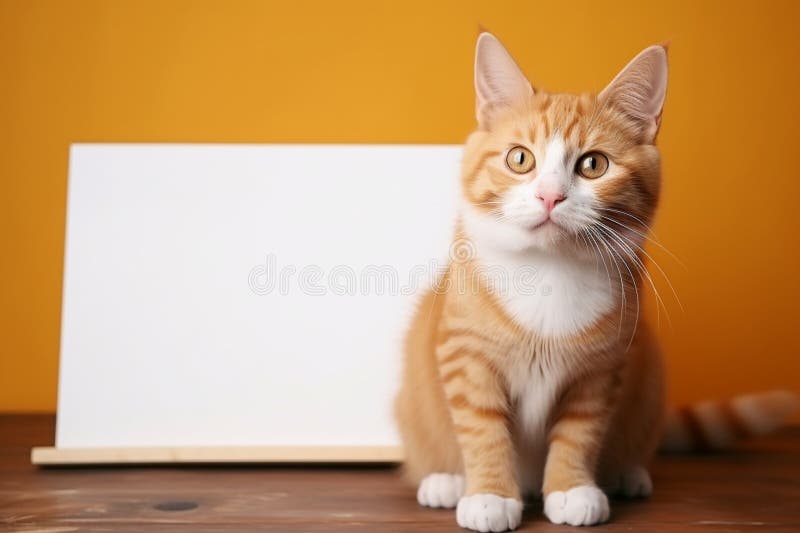 Urzekający pomarańczowy tabby uczy z pustą białą tablicą zabawny feline royalty ilustracja