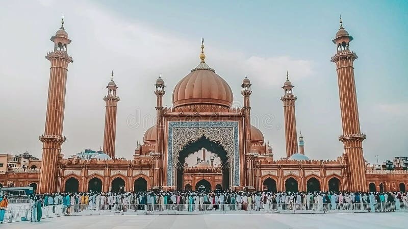 Urzekający widok meczetu majestatycznego badshahi w lahore otoczony gośćmi i jego architektonicznym wspaniałością royalty ilustracja