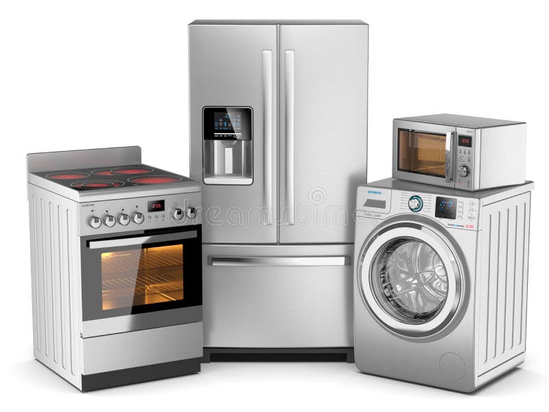 Home appliances. Group of silver refrigerator, washing machine, electric stove, microwave oven on white background 3d. Home appliances. Group of silver refrigerator, washing machine, electric stove, microwave oven on white background 3d