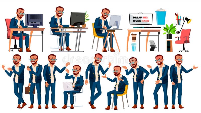 Urzędnika wektor Twarzy emocje, Różnorodni gesty W akci Biznesmen samiec turkish Odosobniona kreskówka ilustracji Urzędnika wektor Twarzy emocje, Różnorodni gesty W akci Biznesmen samiec turkish Odosobniona kreskówka ilustracji