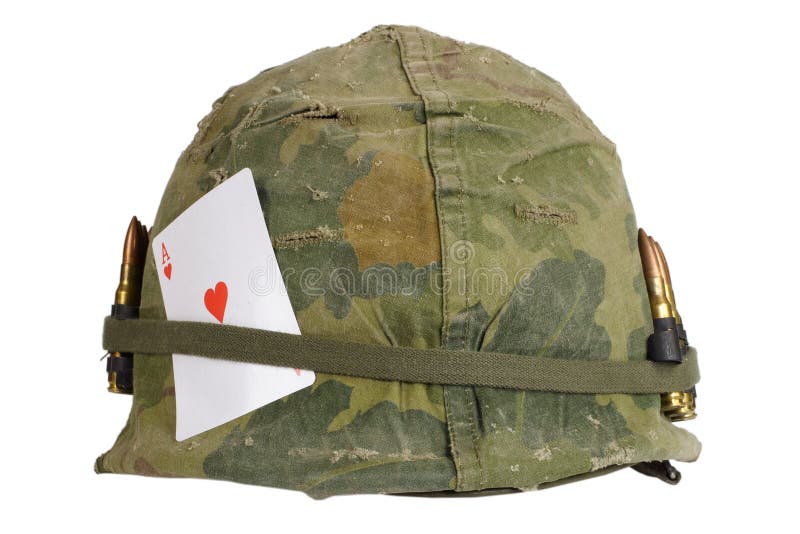 US Army Helmet Vietnam War Period with Camouflage Cover and Ammo Belt ...